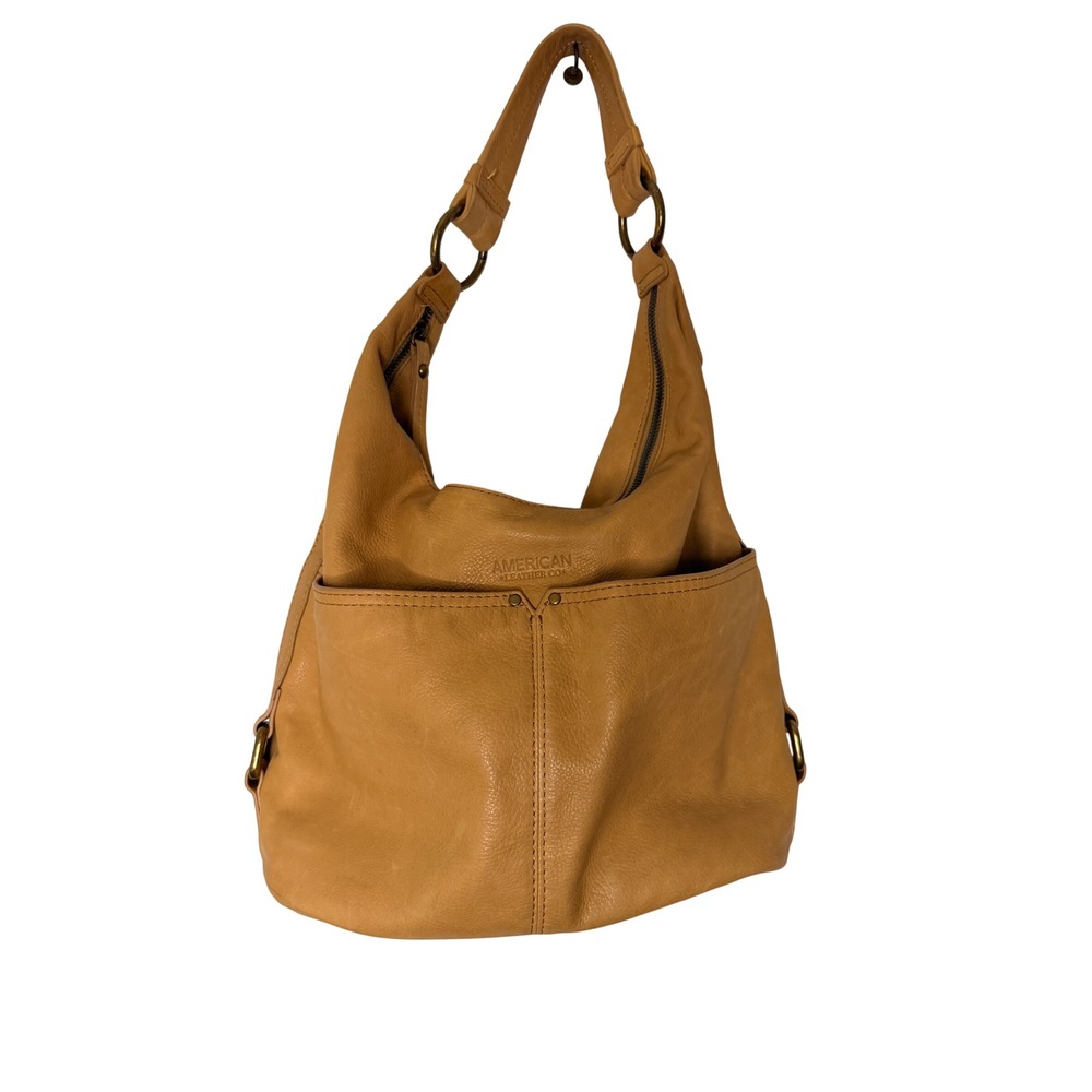 American Leather Co Tan Pebbled Leather Hobo Bag Shoulder Purse Honey Brass